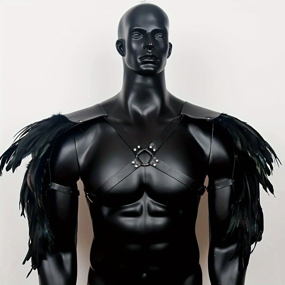 HKM-643923 Viking-Inspired Black Feather Leather Shoulder Armor for Halloween Cosplay