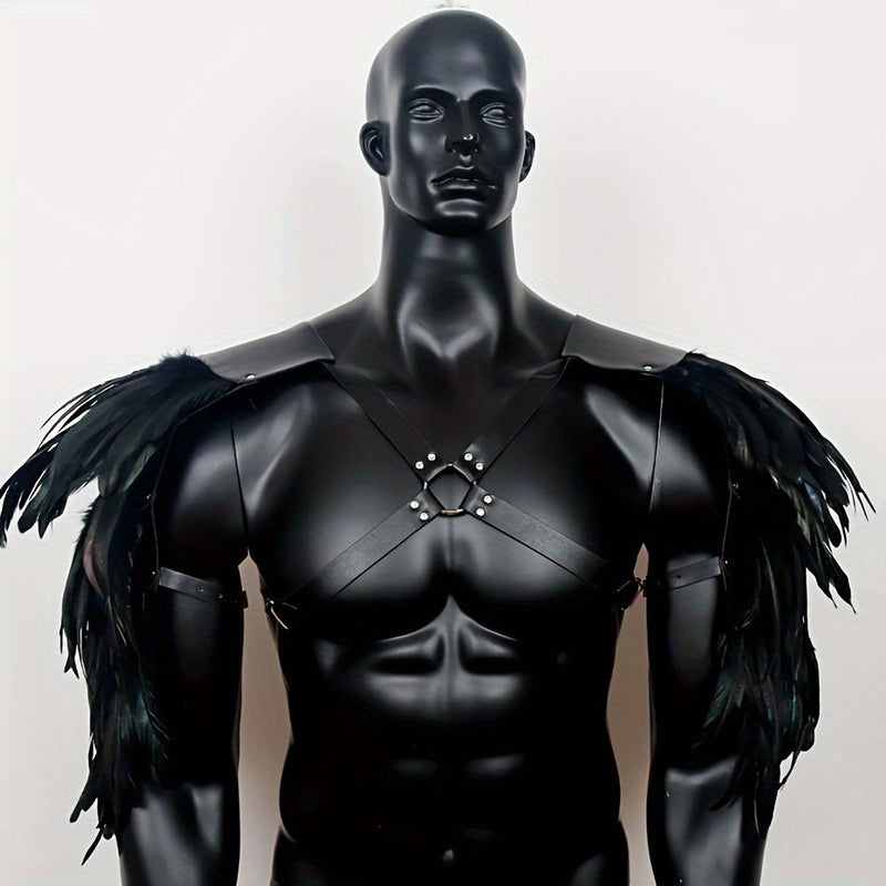 HKM-643923 Viking-Inspired Black Feather Leather Shoulder Armor for Halloween Cosplay