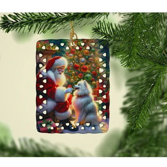 HKM-644243 American Eskimo Dog Porcelain Ornament with Customizable Back for Holiday Decorating