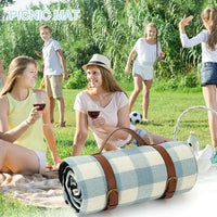 HKM-644307 Extra Large Waterproof Picnic Blanket with Vegan Leather Strap and Logo for Camping and Outdoor Use