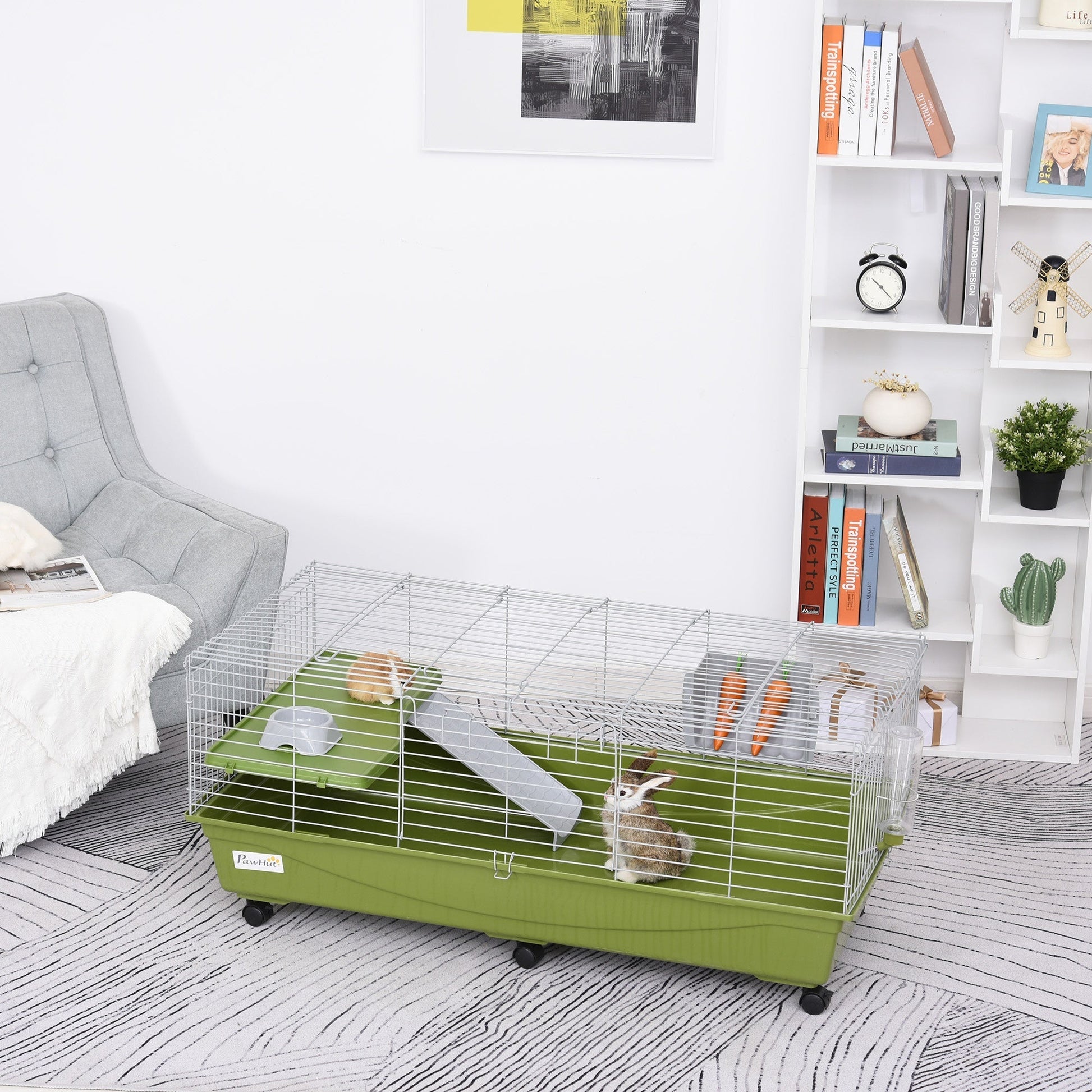 HKM-6448445 Multi-Level Small Animal Cage with Ramp and Feeder - Ideal for Rabbits and Guinea Pigs, Portable with Wheels