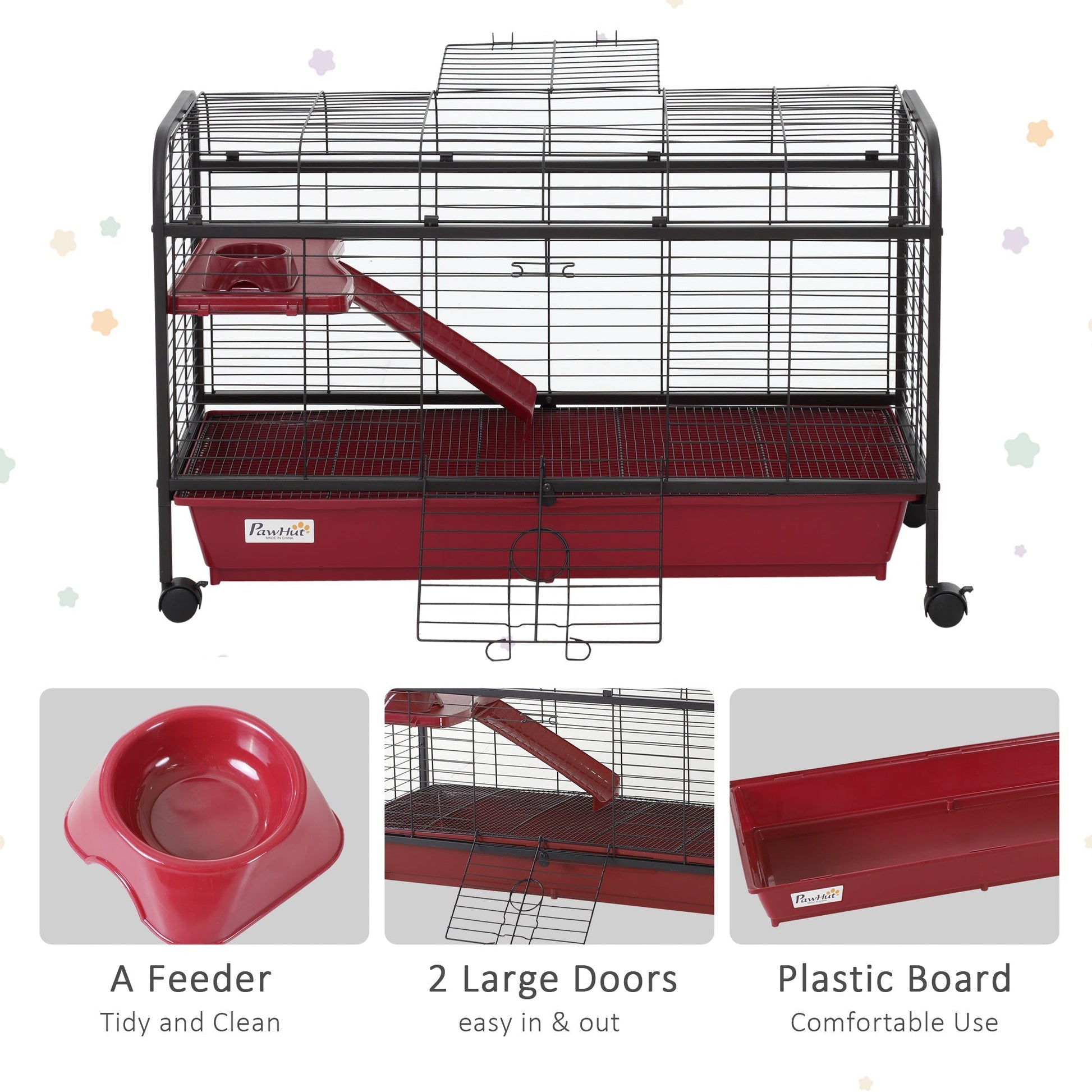 HKM-6448445 Multi-Level Small Animal Cage with Ramp and Feeder - Ideal for Rabbits and Guinea Pigs, Portable with Wheels