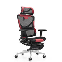 HKM-645203 Ergonomic Gaming Chair with Footrest, Black Mesh and Red Genuine Leather Upholstery