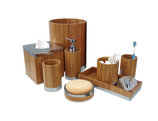 HKM-645523 Real Wood Bathroom Set - Natural Finish Wooden Accessories for Home Decor