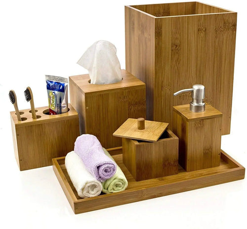 HKM-645523 Real Wood Bathroom Set - Natural Finish Wooden Accessories for Home Decor
