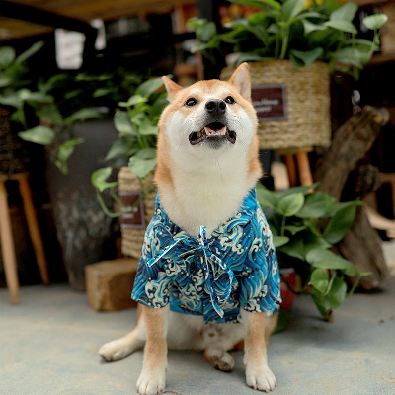 HKM-6458685 Cotton Shiba Inu Pet Kimono in Blue and Black - Stylish, Comfortable Casual Wear for Dogs
