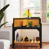 HKM-6459965 Wooden Tortoise Habitat with Storage Shelf, Clear Windows, Openable Top, Lamp Holder, Durable Yellow Finish