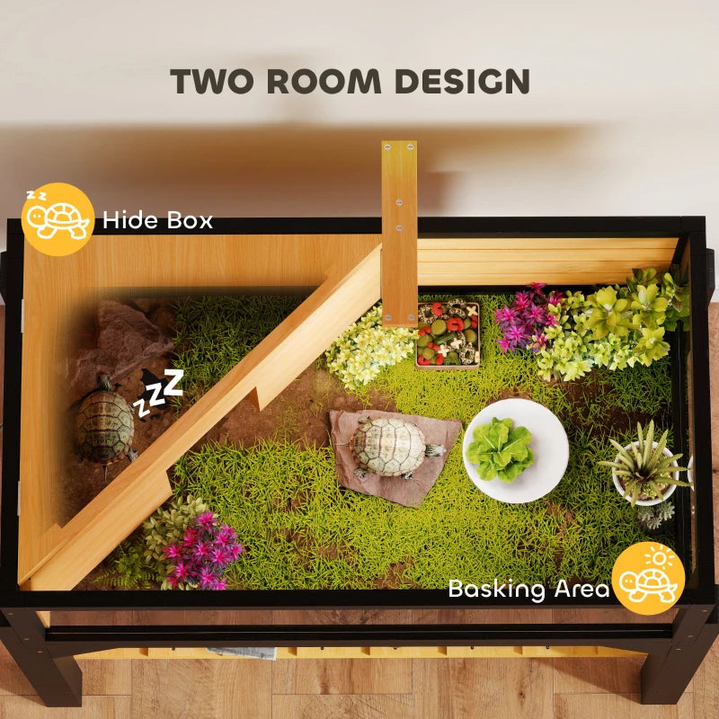 HKM-6459965 Wooden Tortoise Habitat with Storage Shelf, Clear Windows, Openable Top, Lamp Holder, Durable Yellow Finish