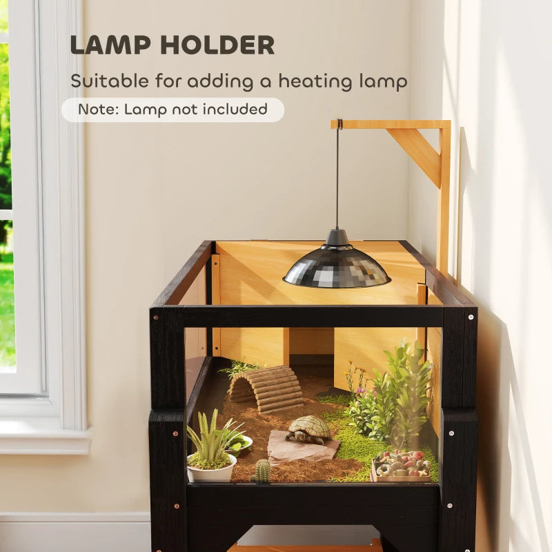 HKM-6459965 Wooden Tortoise Habitat with Storage Shelf, Clear Windows, Openable Top, Lamp Holder, Durable Yellow Finish