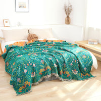 HKM-646099 Cotton Gauze Blanket with Zhuhua Tassels in Green - Available in Two Sizes