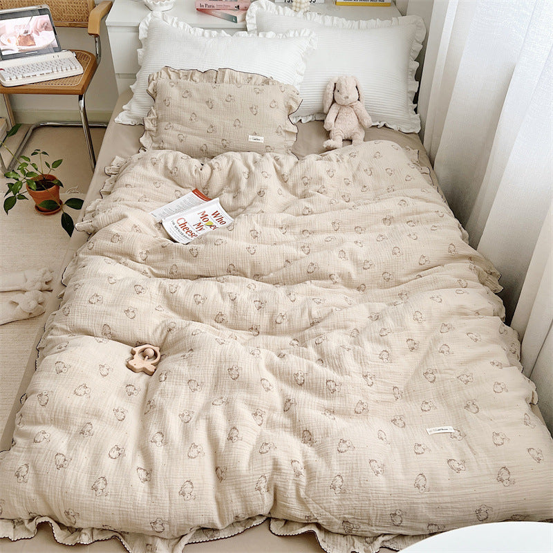 HKM-646099 Cotton Gauze Double-Layer Rabbit Quilt Cover Set with Pillowcases for Kids and Cribs