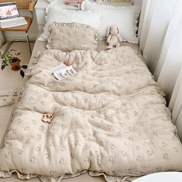 HKM-646099 Cotton Gauze Double-Layer Rabbit Quilt Cover Set with Pillowcases for Kids and Cribs