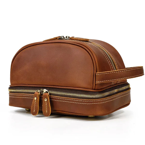 HKM-646163 Eco-Friendly Handmade Leather Travel Cosmetic Toiletry Bag with Zipper Closure