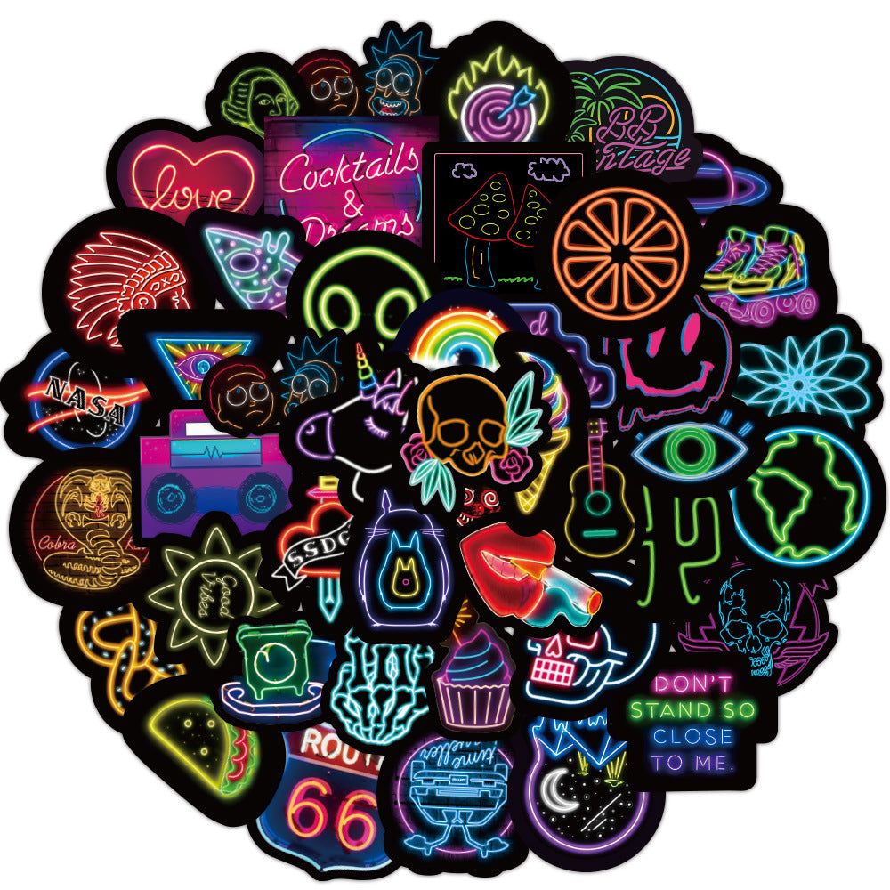 HKM-646419 Vibrant 50-Pack Neon Graffiti Stickers - Waterproof Decorative Vinyl Stickers for Laptops, Skateboards, and More