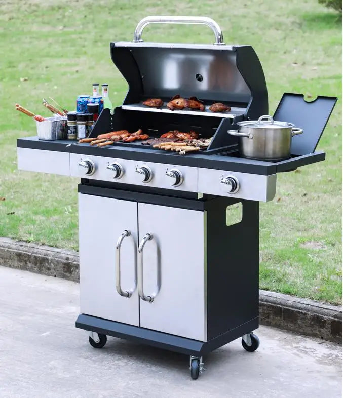 HKM-646611 4-Burner Portable Propane Gas Grill with Trolley for Outdoor Cooking
