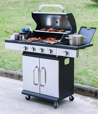 HKM-646611 4-Burner Portable Propane Gas Grill with Trolley for Outdoor Cooking