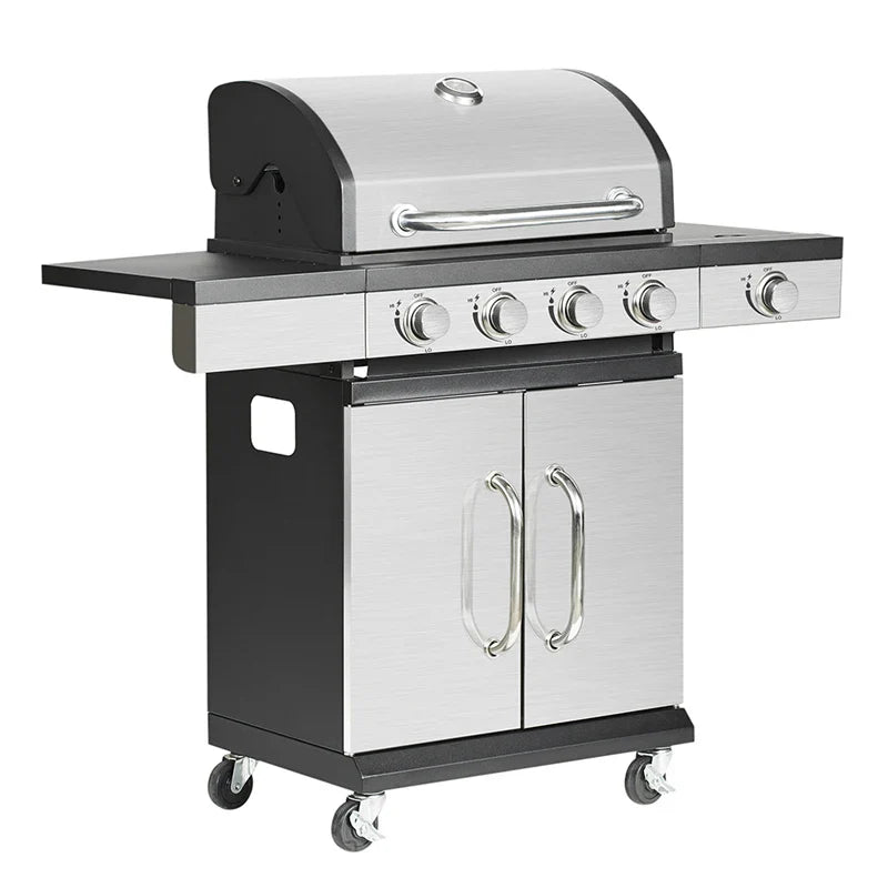HKM-646611 4-Burner Portable Propane Gas Grill with Trolley for Outdoor Cooking