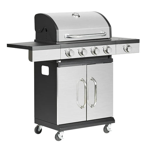HKM-646611 4-Burner Portable Propane Gas Grill with Trolley for Outdoor Cooking
