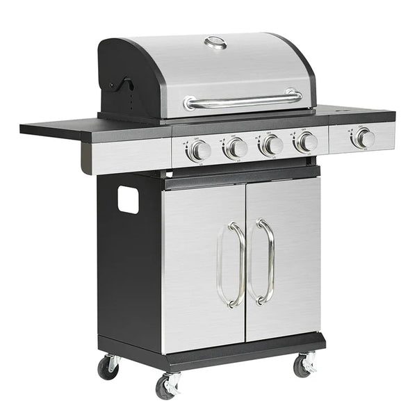 HKM-646611 4-Burner Portable Propane Gas Grill with Trolley for Outdoor Cooking