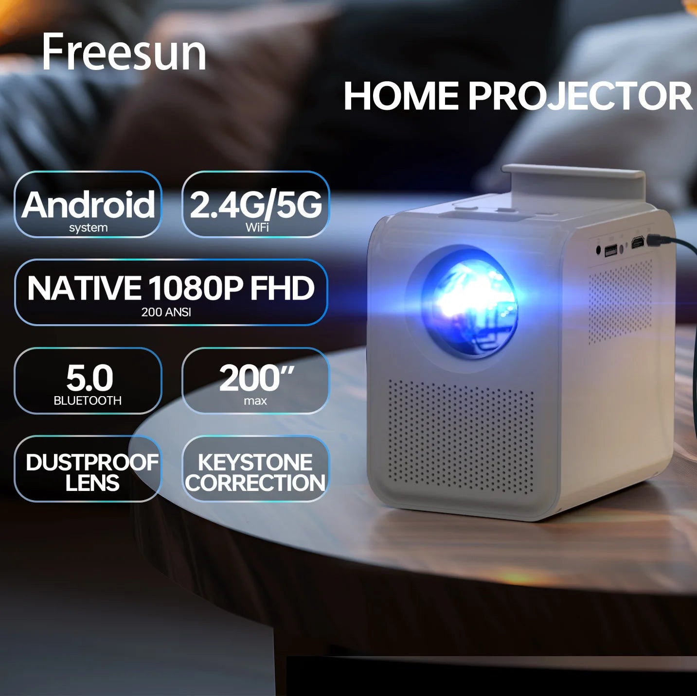 HKM-646611 Portable 4K Projector with Built-in Battery for Home, Office, and Outdoor Use, 3D & HD Compatible