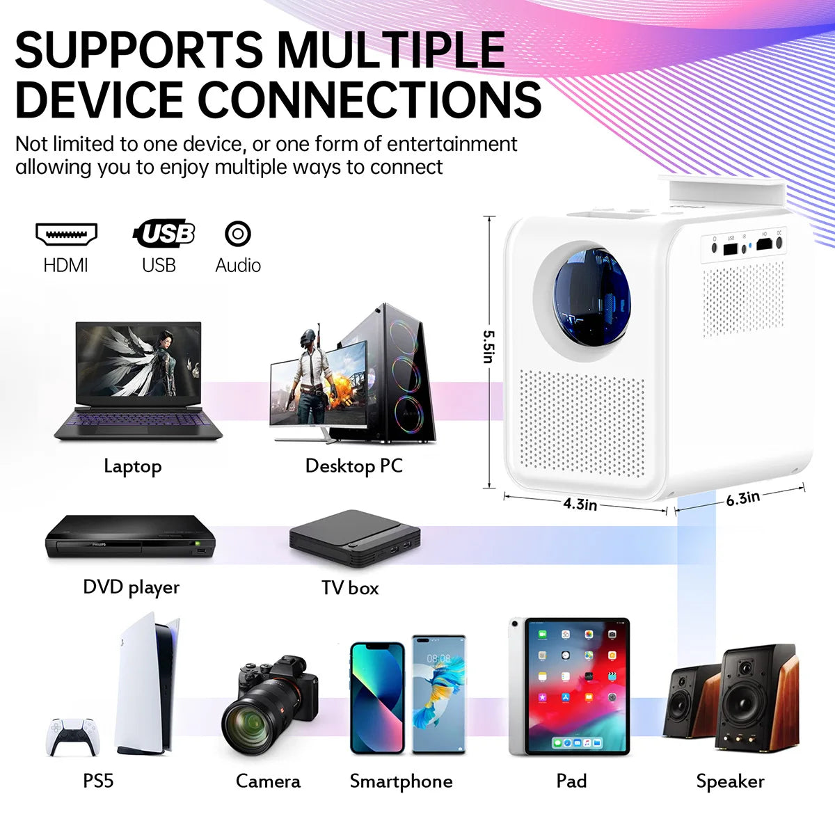 HKM-646611 Portable 4K Projector with Built-in Battery for Home, Office, and Outdoor Use, 3D & HD Compatible