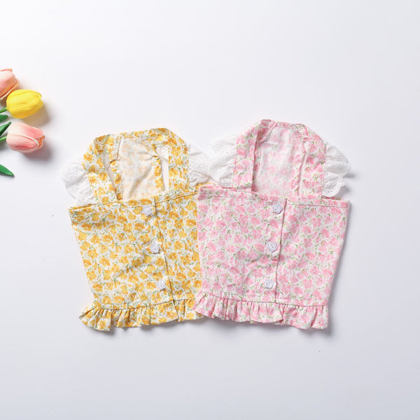 HKM-6466621 Bichon Teddy Dog Skirt in Yellow and Pink Flower Patterns for Spring and Summer