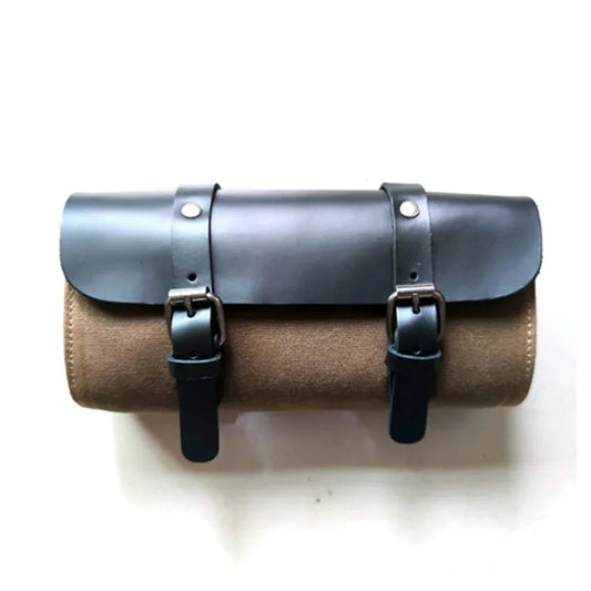 HKM-647123 Waterproof Canvas Motorcycle Saddle Bags - Original Cowhide Leather Tool Bag, Vintage Style, Soft and Versatile