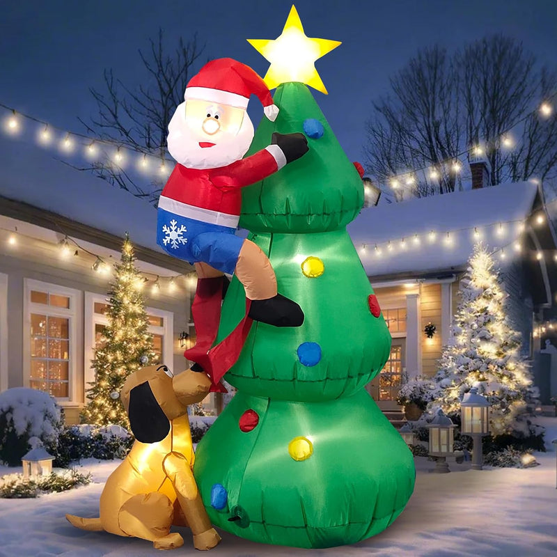 HKM-647443 6 FT Inflatable Christmas Tree with Santa and Dog – LED Lights for Outdoor Holiday Decor