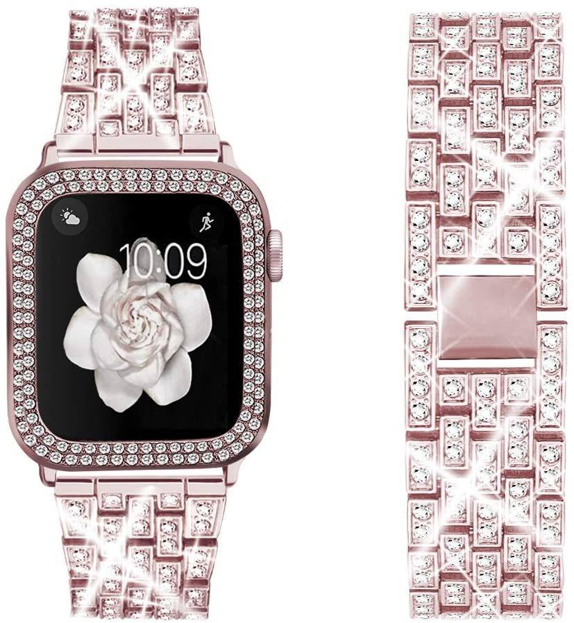 HKM-647635 Diamond Metal Strap Protective Cover for Apple Watch - Compatible with 38mm, 40mm, 42mm, and 44mm Models