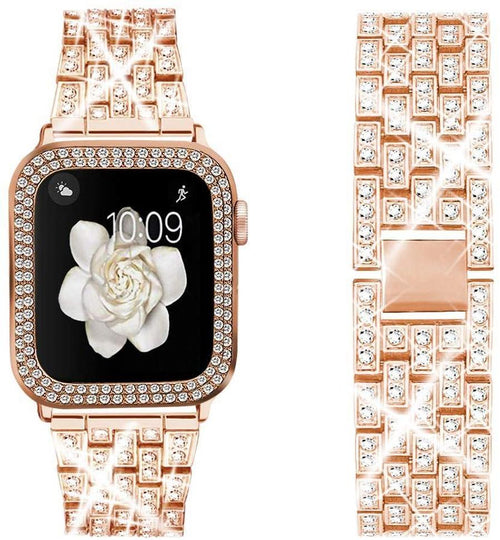 HKM-647635 Diamond Metal Strap Protective Cover for Apple Watch - Compatible with 38mm, 40mm, 42mm, and 44mm Models