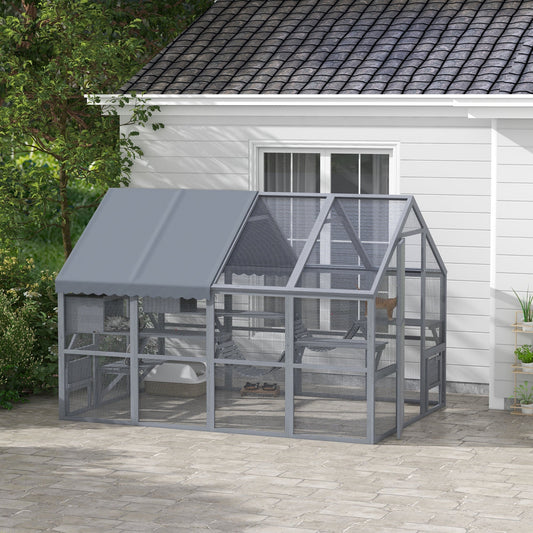 HKM-6477629 Outdoor Cat Enclosure with Waterproof Cover, Two Condos, and Six Platforms in Gray