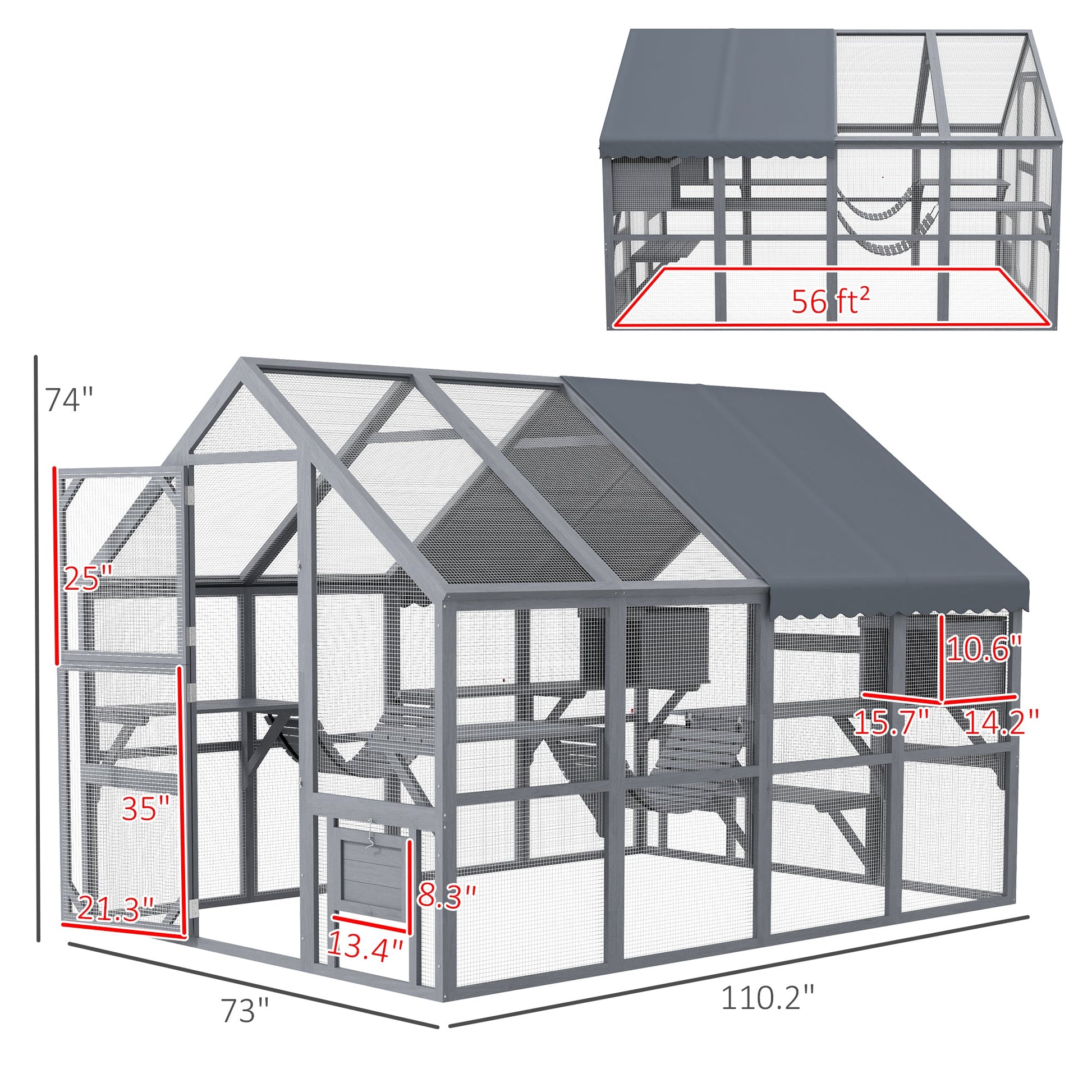 HKM-6477629 Outdoor Cat Enclosure with Waterproof Cover, Two Condos, and Six Platforms in Gray
