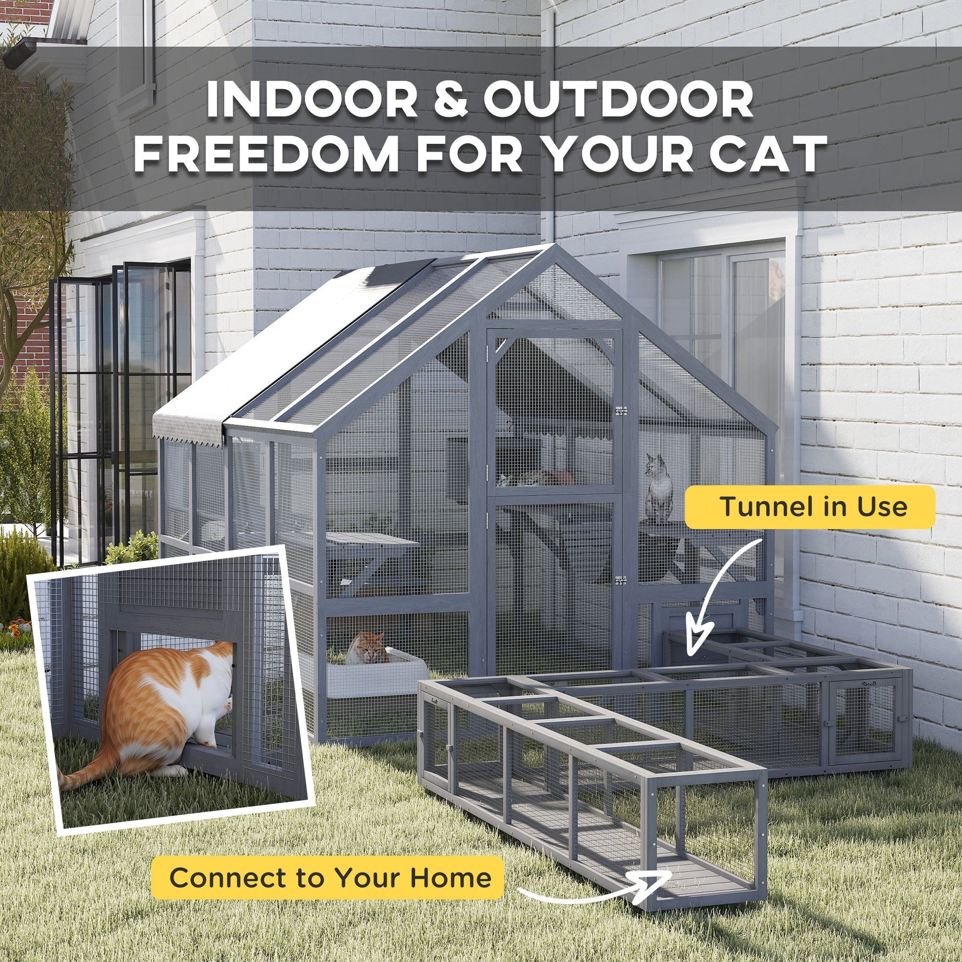HKM-6477629 Outdoor Cat Enclosure with Waterproof Cover, Two Condos, and Six Platforms in Gray