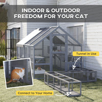 HKM-6477629 Outdoor Cat Enclosure with Waterproof Cover, Two Condos, and Six Platforms in Gray