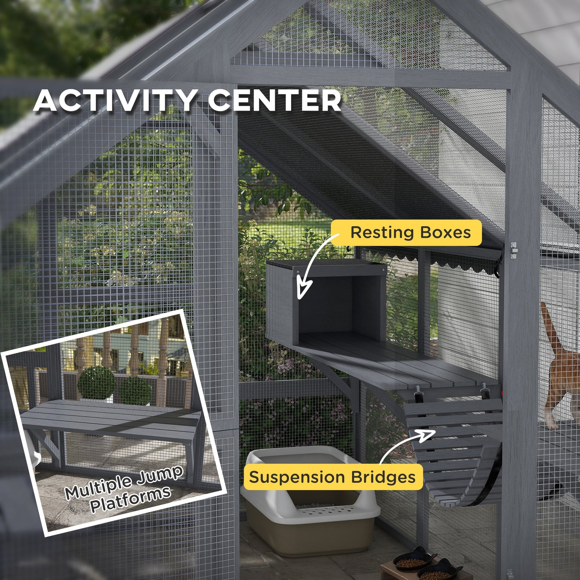 HKM-6477629 Outdoor Cat Enclosure with Waterproof Cover, Two Condos, and Six Platforms in Gray