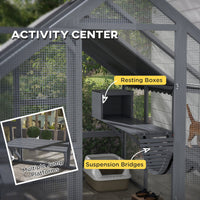 HKM-6477629 Outdoor Cat Enclosure with Waterproof Cover, Two Condos, and Six Platforms in Gray