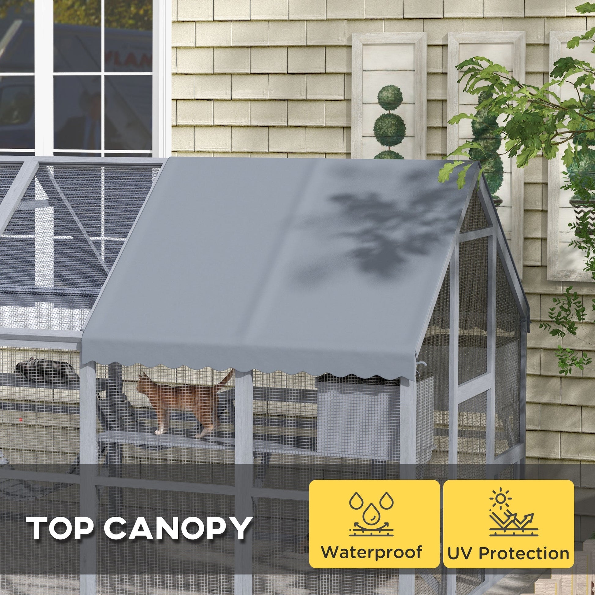 HKM-6477629 Outdoor Cat Enclosure with Waterproof Cover, Two Condos, and Six Platforms in Gray