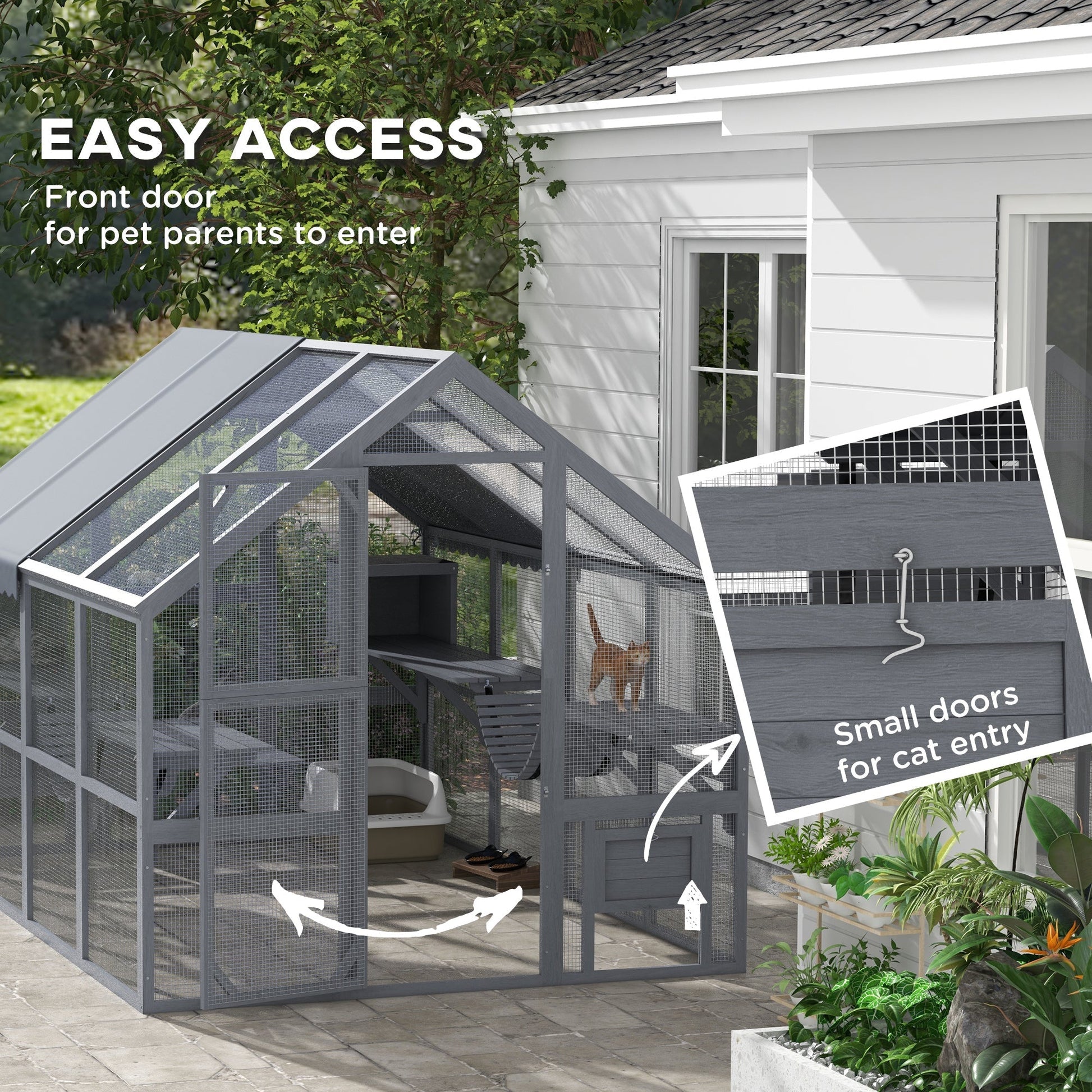 HKM-6477629 Outdoor Cat Enclosure with Waterproof Cover, Two Condos, and Six Platforms in Gray