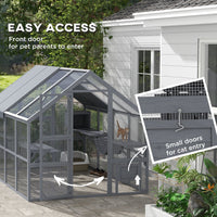 HKM-6477629 Outdoor Cat Enclosure with Waterproof Cover, Two Condos, and Six Platforms in Gray