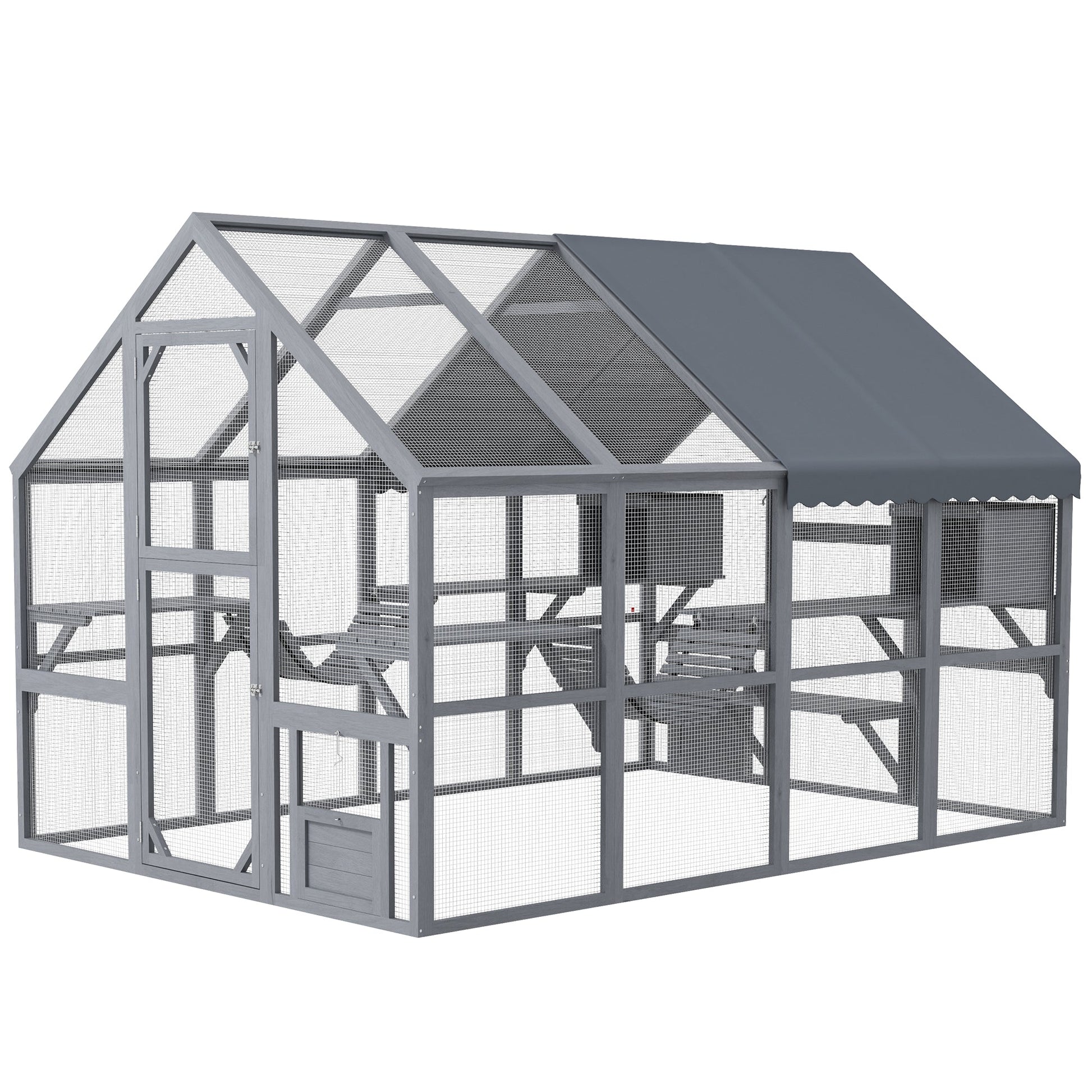 HKM-6477629 Outdoor Cat Enclosure with Waterproof Cover, Two Condos, and Six Platforms in Gray