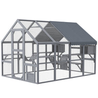 HKM-6477629 Outdoor Cat Enclosure with Waterproof Cover, Two Condos, and Six Platforms in Gray