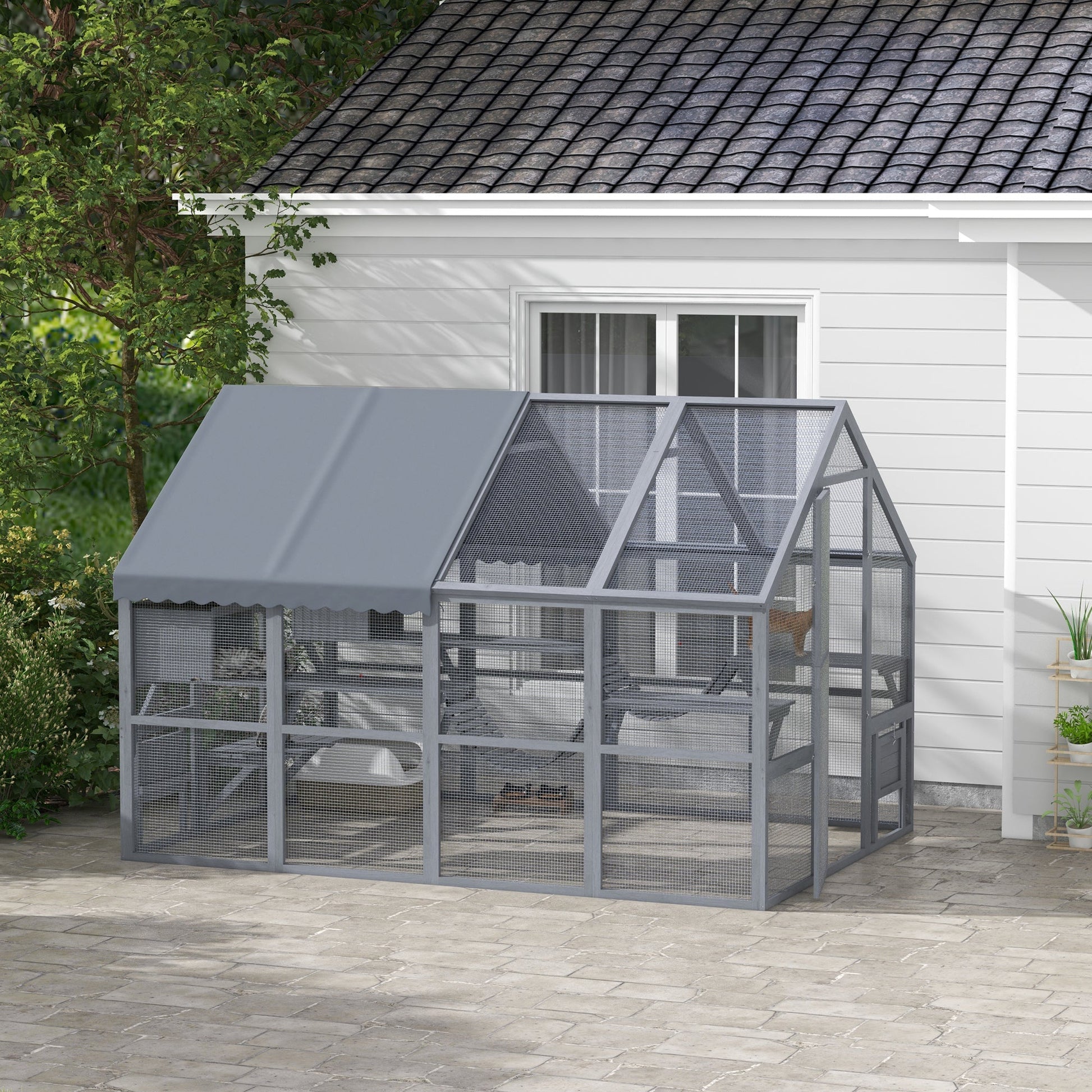 HKM-6477629 Outdoor Cat Enclosure with Waterproof Cover, Two Condos, and Six Platforms in Gray