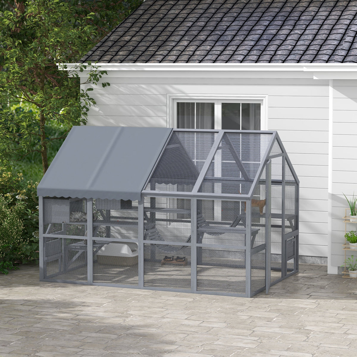 HKM-6477629 Outdoor Cat Enclosure with Waterproof Cover, Two Condos, and Six Platforms in Gray