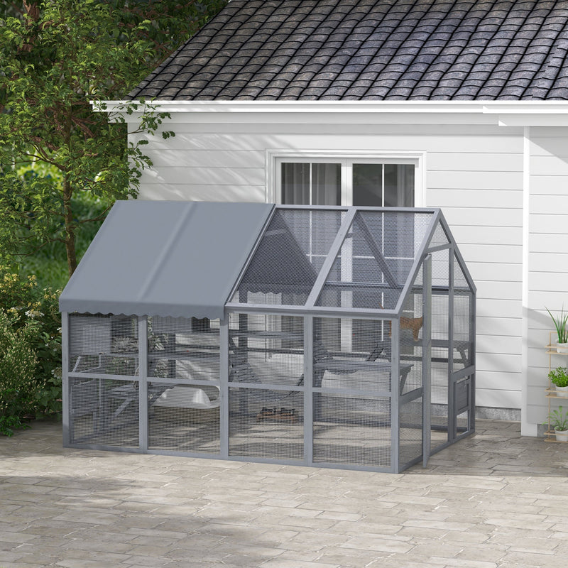 HKM-6477629 Outdoor Cat Enclosure with Waterproof Cover, Two Condos, and Six Platforms in Gray