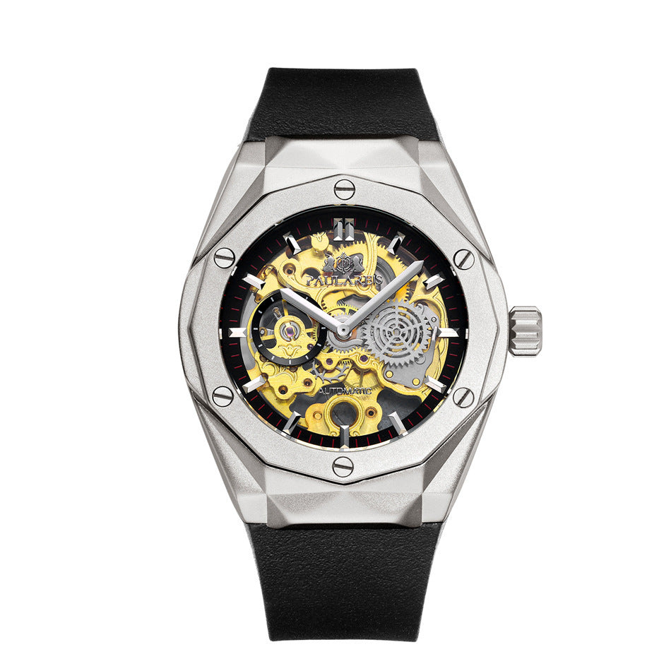 HKM-647763 Men's Automatic Mechanical Hollow Rose Gold Business Watch with 30M Waterproof Design, Round Dial, and Rubber Strap
