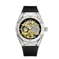 HKM-647763 Men's Automatic Mechanical Hollow Rose Gold Business Watch with 30M Waterproof Design, Round Dial, and Rubber Strap