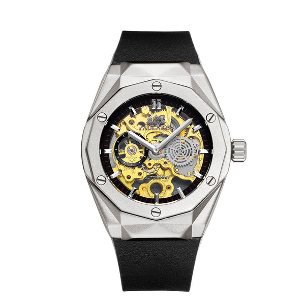 HKM-647763 Men's Automatic Mechanical Hollow Rose Gold Business Watch with 30M Waterproof Design, Round Dial, and Rubber Strap