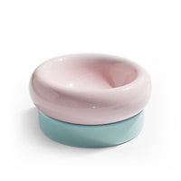 HKM-6477757 Mochi Ceramic Short-Leg Cat Bowl in Light Green and Pink, Medium Size