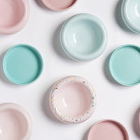 HKM-6477757 Mochi Ceramic Short-Leg Cat Bowl in Light Green and Pink, Medium Size