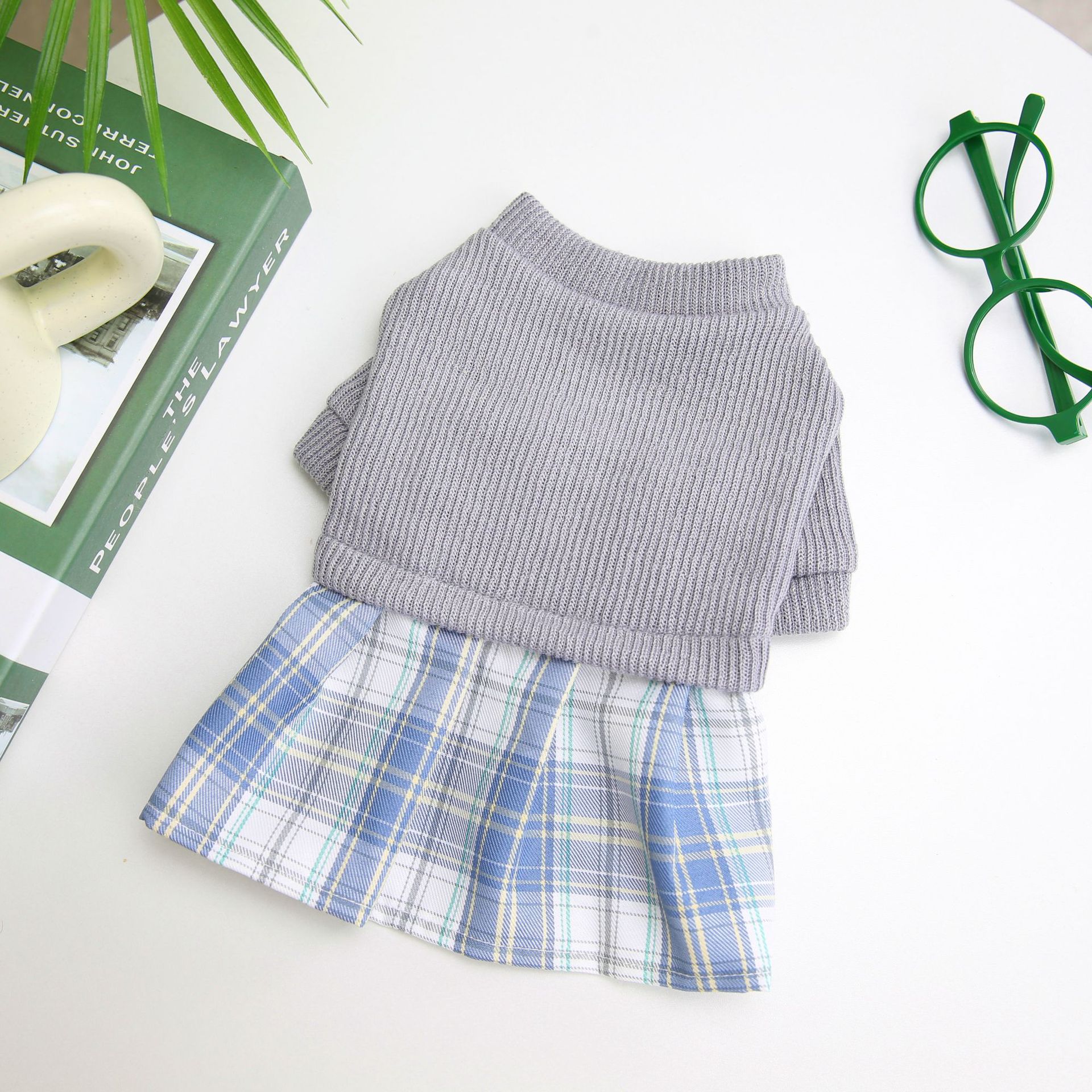 HKM-6482109 Wool Fabric Casual Dog Skirt and Pant Suit Set, Warm Pet Clothing